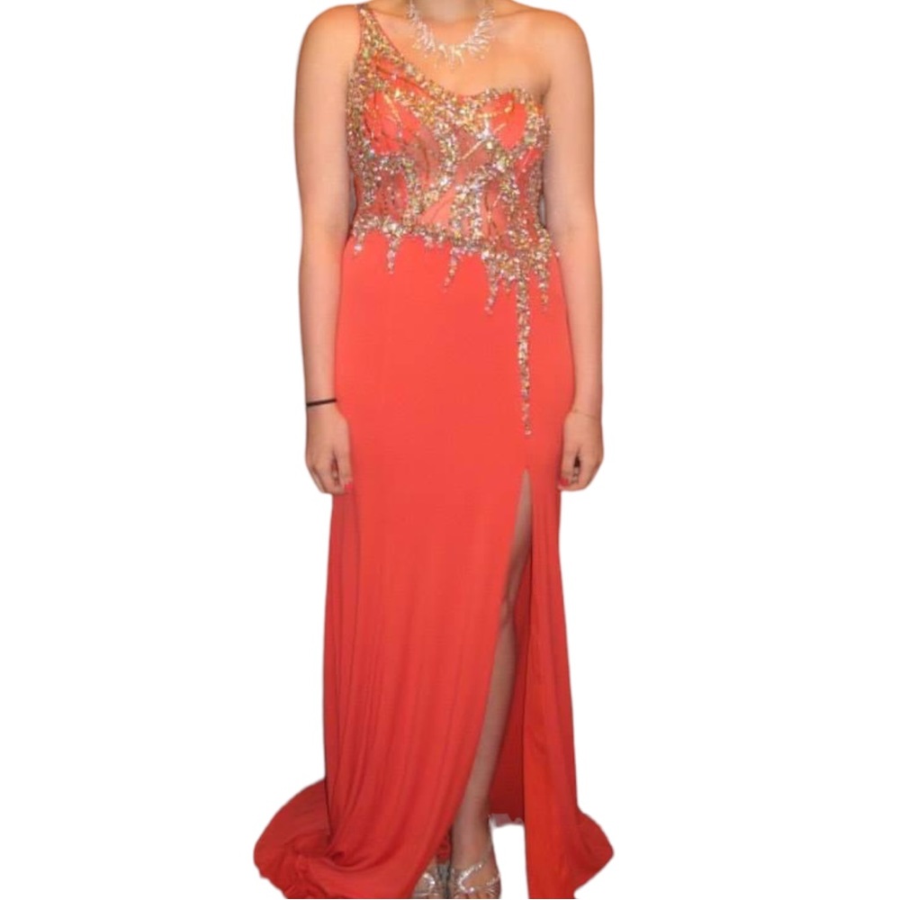 JVN by Jovani 91220 Coral Long Fitted Sheer One Shoulder Gown, Size 6